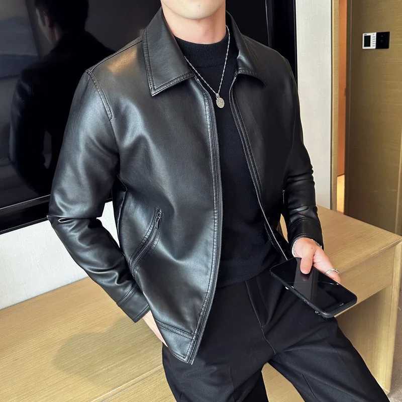 Men Bomber Leather Jacket 2023 New Anti-wind Lapel Solid Casual Slim Fit Jacket Coats Motorcycle PU Leather Jacket FashionX240913
