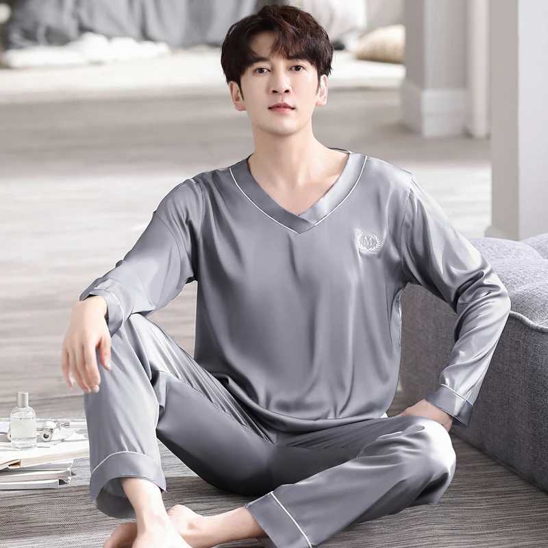 Men Pajamas Sets Silk Satin Pijamas Hombre V Collar Sleepwear Long Sleeve Spring Nightwear Male 2 Pieces Sets Homewear Y240913