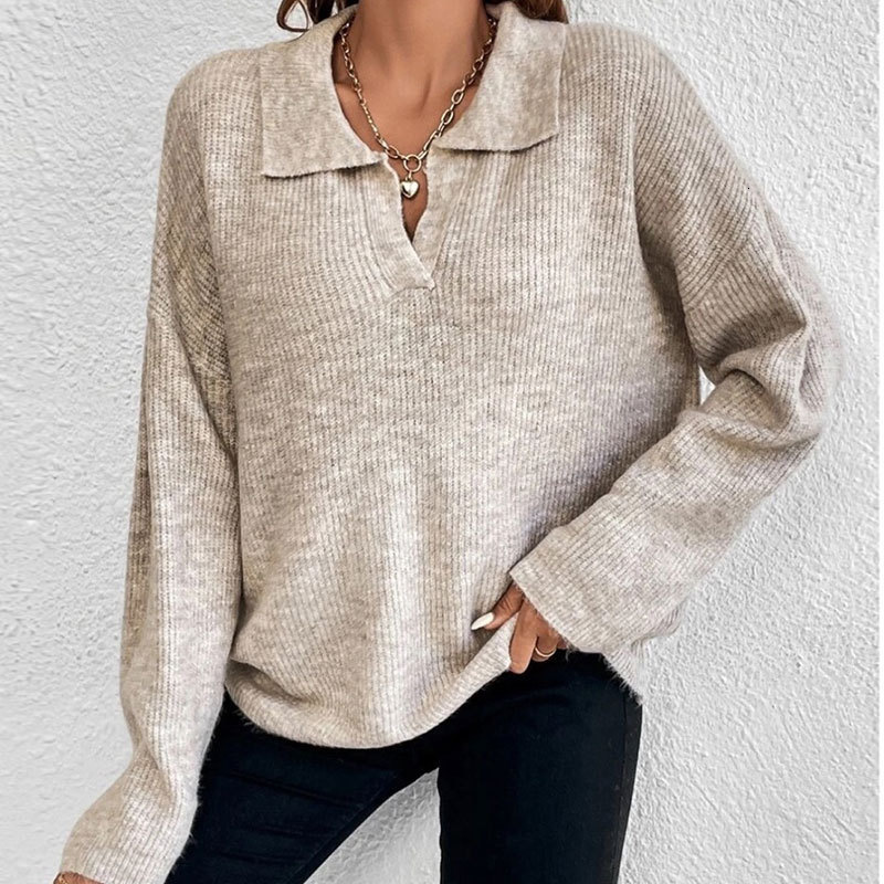 Autumn and winter fashion long sleeved lapel pullover top new women's knitted sweater