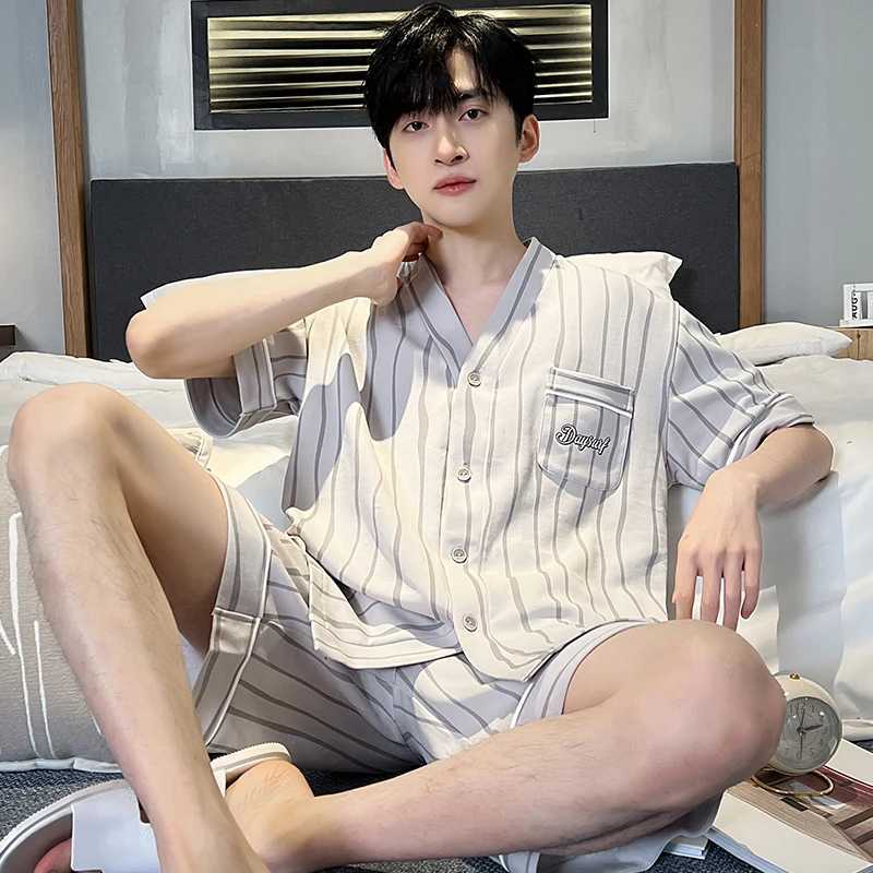 Japan Kimono Mens Sleepwear Summer Cotton Short Sleeves Pajamas Set Casual Loungewear for Man Cardigan Leisure Pijamas Dropship Y240913