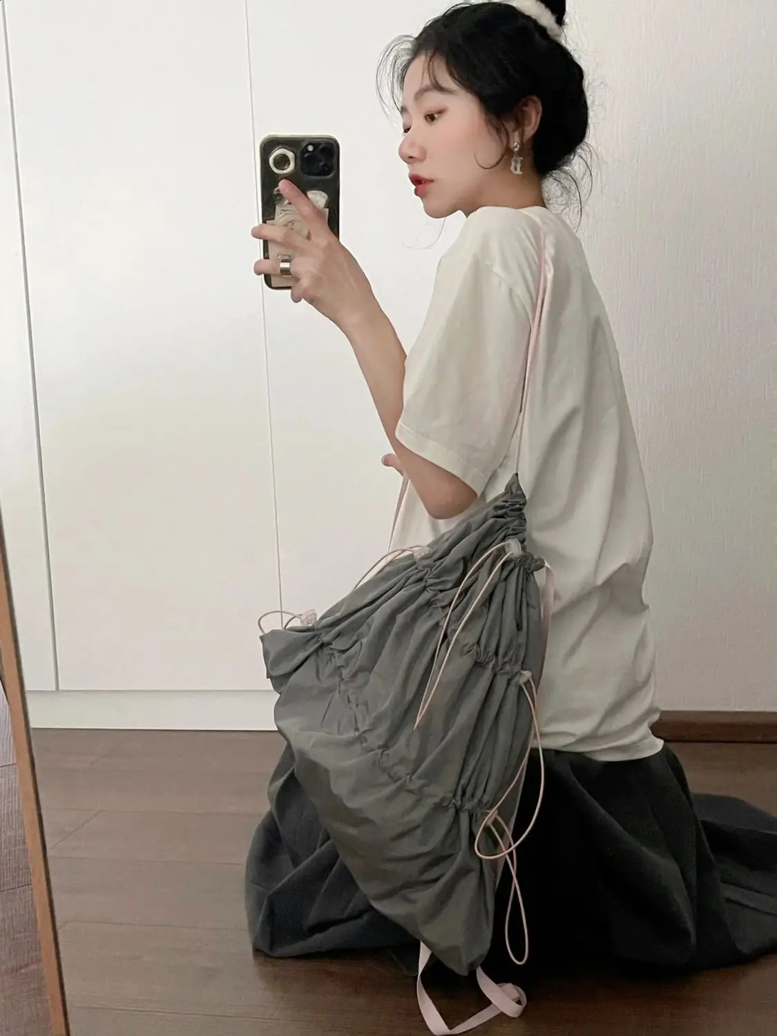 Miyagawa spring/summer contrasting color drawstring backpack Korean style simple retro backpack 240912