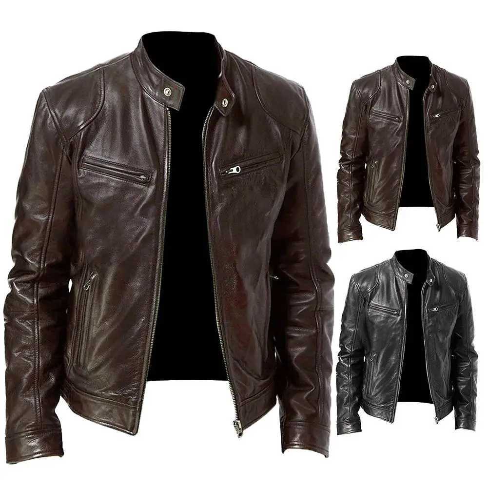 new 2022 Autumn Men Fashion Motorcycle Leather Jacket fit Coat Casual Zipper jacketX240913