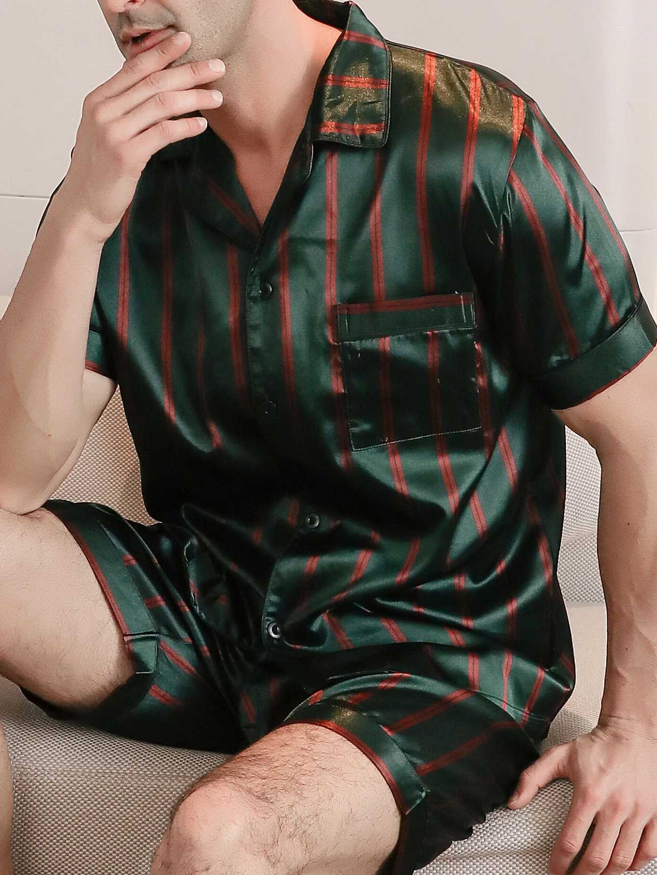 Two piece sets for mens pajamas summer short sleeved shorts striped pattern printed home clothing sleepwear set Y240913