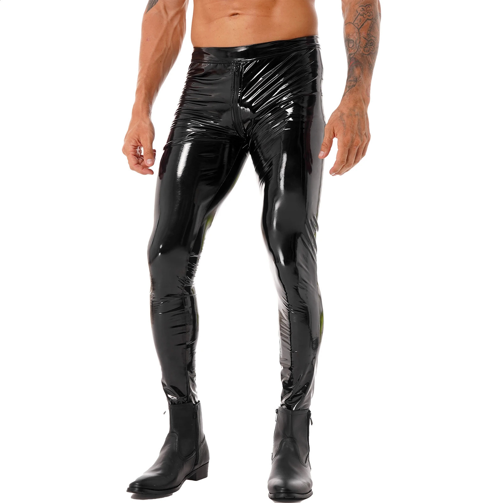 Mens Zipper Crotch Tight Pantyhose Club Clothing Patent Leather Motorcycle Tight Pantyhose 240913
