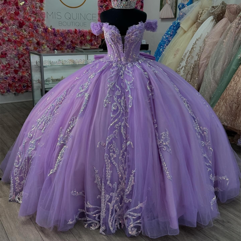 Lavender Shiny Princess Quinceanera Dresses Ball Gown Off The Shoulder Sequin Applique Lace Beads Tull Corset Sweet 16 Dress Vestidos 15 De XV Anos