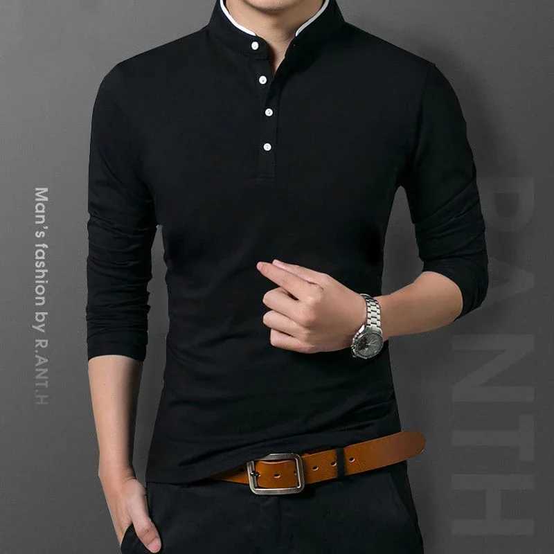 Mens fashionable long sleeved polo shirt casual cotton breathable top stand up collar Korean style comfortable T-shirt top W2409134