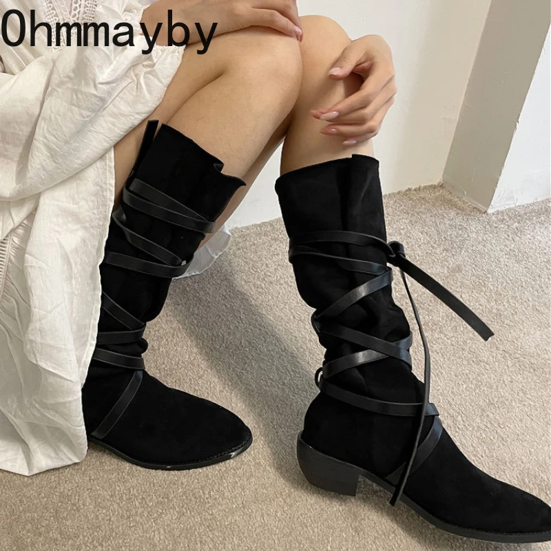 Autumn Spring Women Western Cowgirl Boots Fashion Cross Strap Pointed Toe Shoes Vintage Thick Heel Ladies Long Booties d773