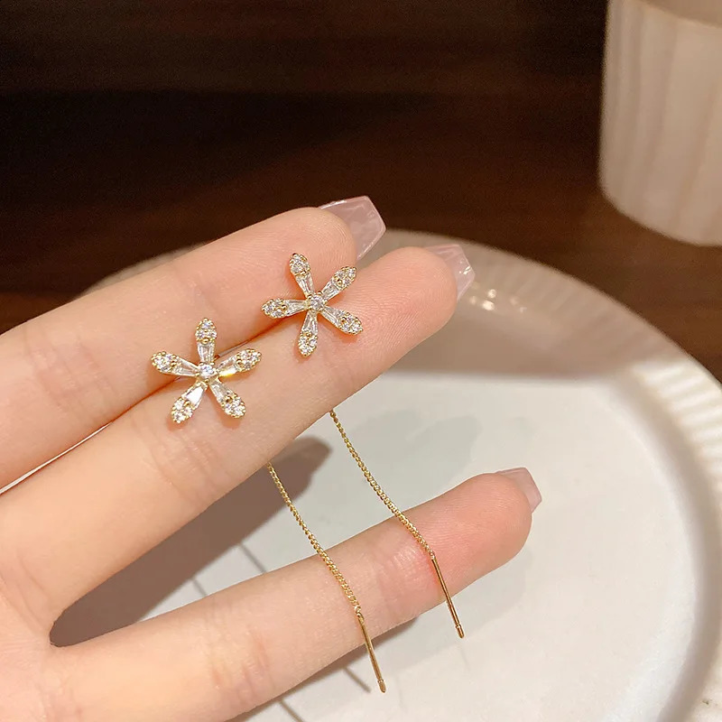 S925 Silver Needle Microinlaid Zircon Flower Ear Line Exquisite Light High Quality Drop Earring Star Jewelry Gifts 240906