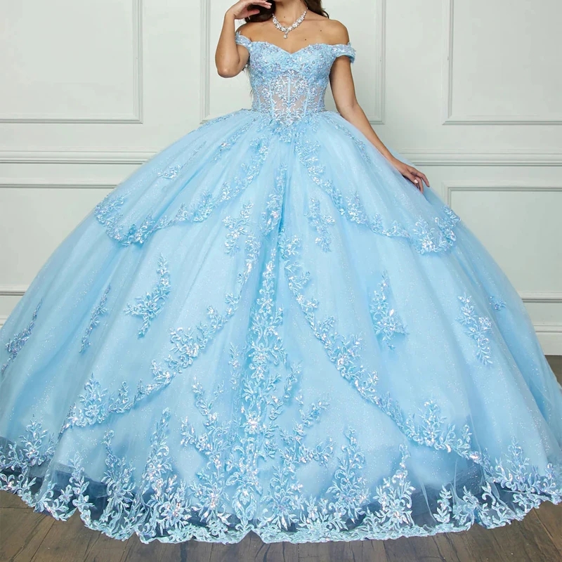 Sky Blue Quinceanera Dresses Ball Gown Off Shoulder Applique Lace Beading Crystals Bow Tull Corset Sweet 16 Dress Vestido De 15 Anos