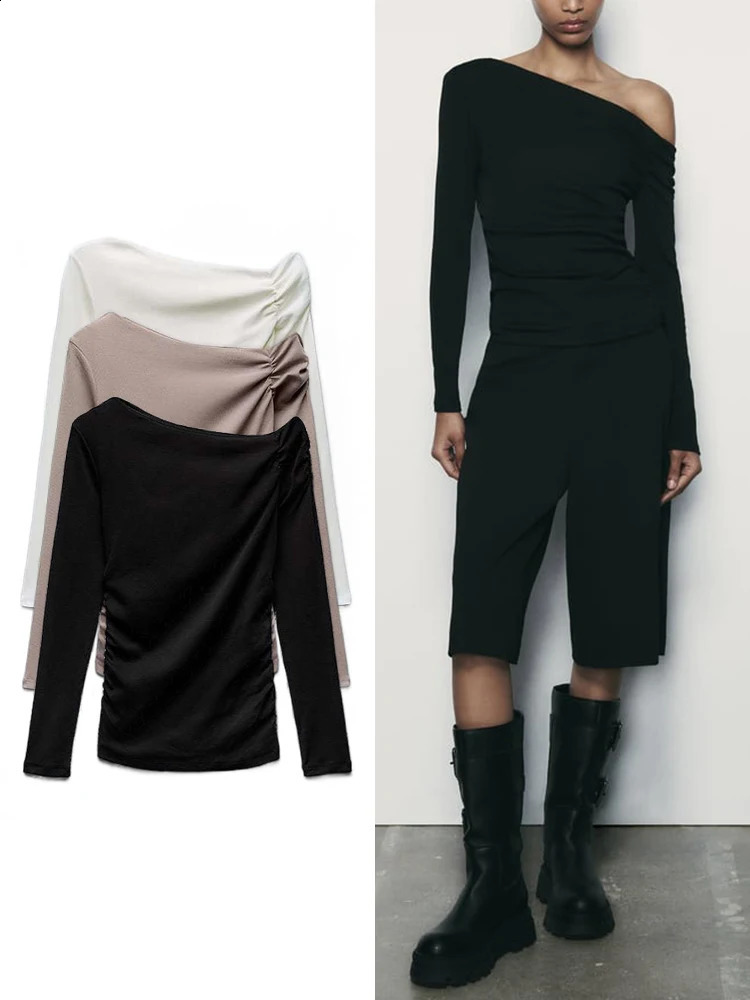 TRAF Womens Asymmetric Slant Neck Ultra Thin Top Temperature Sexy One Shoulder Folded Long Sleeve Tshirt Spicy and Unique Dress 240913