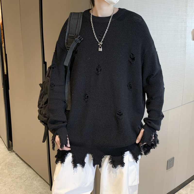 Halloween Men Sweaters Shabby style American high street ripped couple sweater mens loose knit sweater winter new thick sweater Mens crew neck sweater