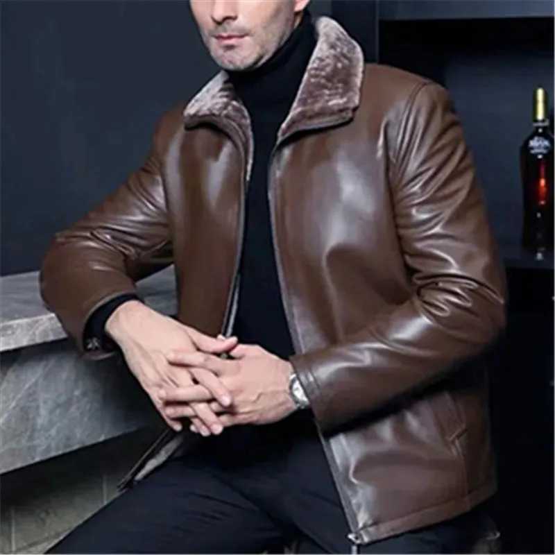 Winter Fleece Warm Leather Jacket Men Pu Business Casual Loose Thick Leather Coats Male Fashion Vintage Faux Fur Outwear JacketsX240913