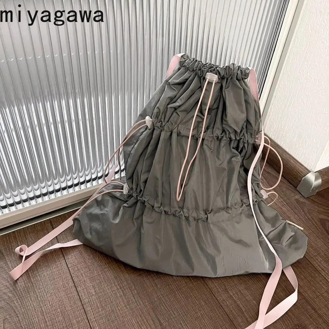 Miyagawa spring/summer contrasting color drawstring backpack Korean style simple retro backpack 240912