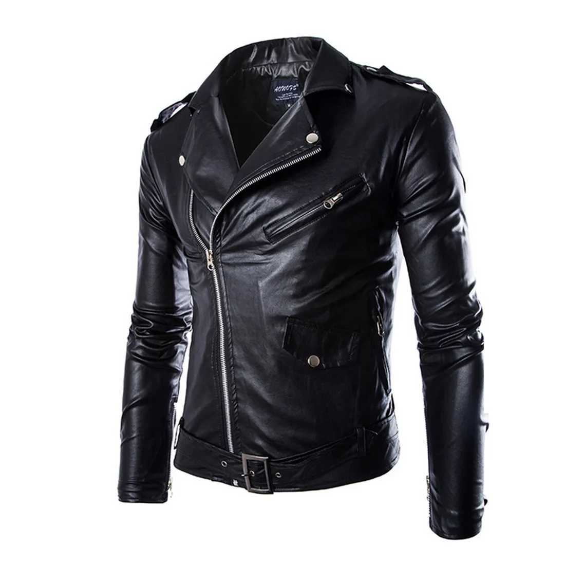 2024 mens motorcycle slim fit leather jacket business punk stand up collar slanted zipper leather jacket leather jacketX240913