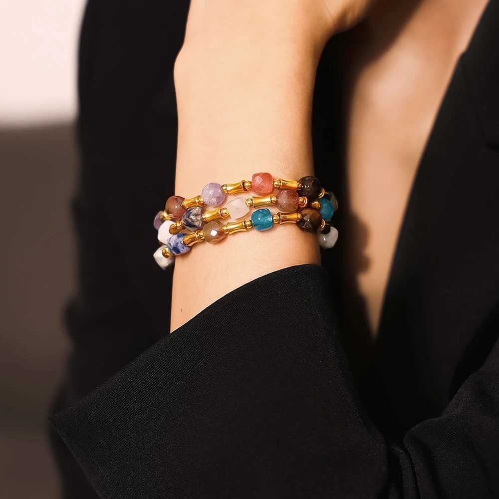Bohemian Natural Stone Chain Bead Bracelet Womens Stainless Steel Bamboo Joint Womens Chain Bracelet Wedding Jewelry W240913