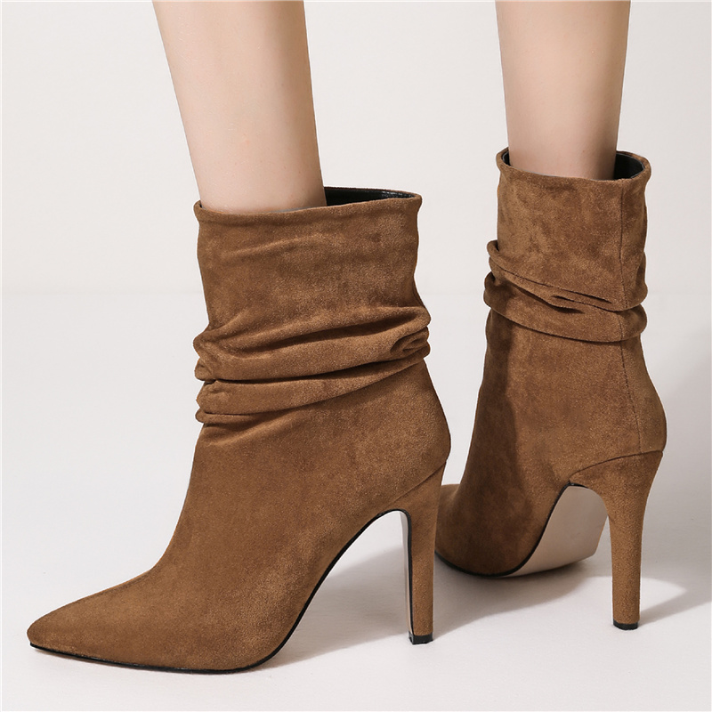 Women Suede Pleated Sexy High Heels Ankle 2023 Autumn Winter Fashion Short Boots Female Party Shoes Point Toe bb8d