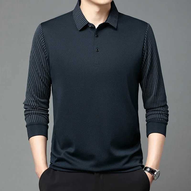 Mens casual solid color long sleeved polo shirt fashionable solid color lapel top W240913