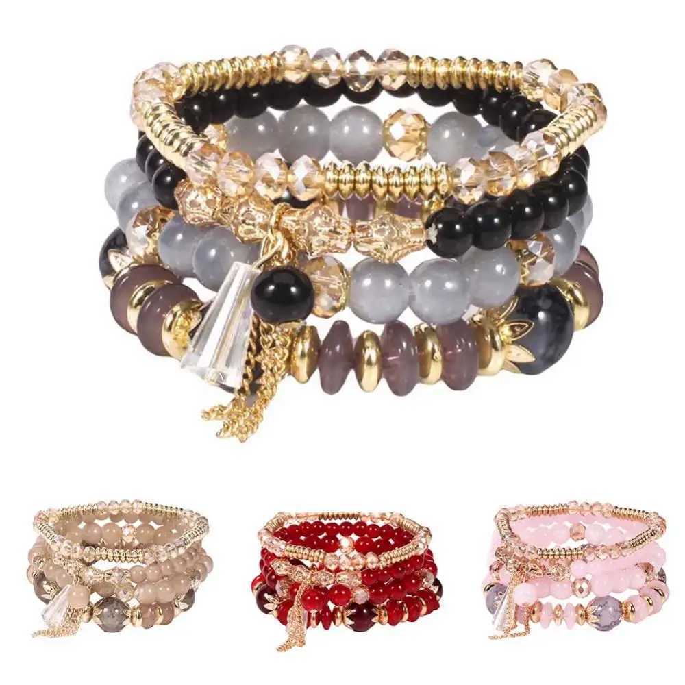 4-piece/set Bohemian artificial agate pearl tassel chain charm bead bracelet for womens jewelry W240913
