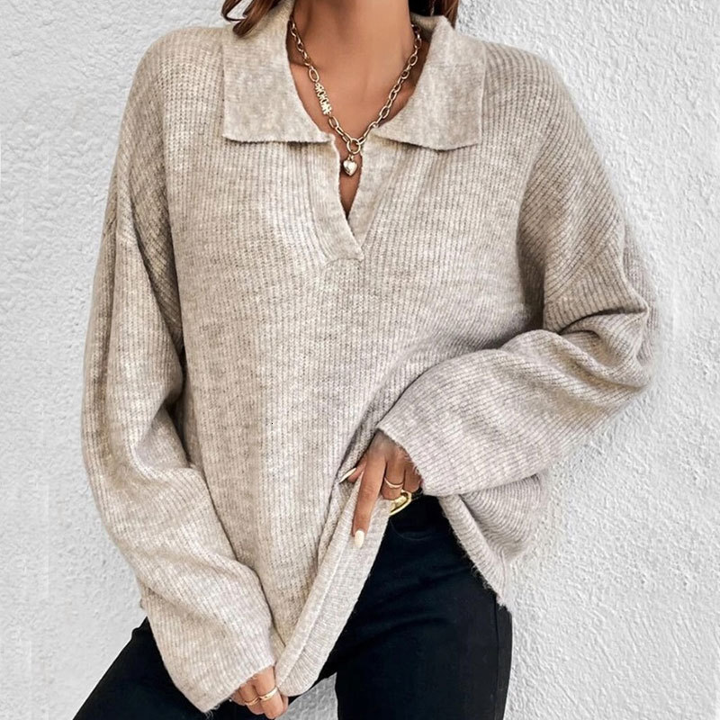 Autumn and winter fashion long sleeved lapel pullover top new women's knitted sweater