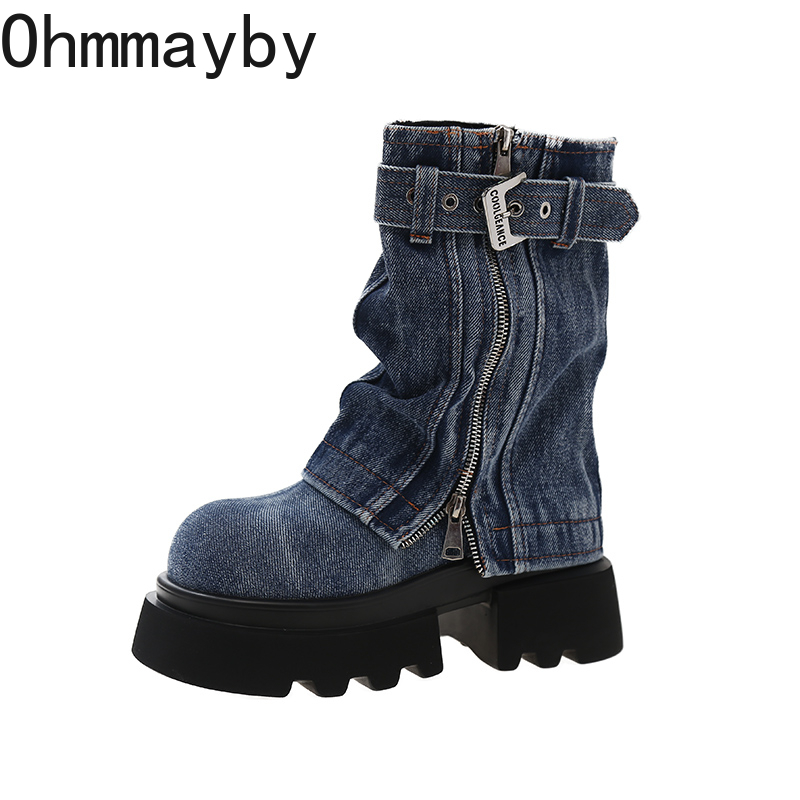 Women Denim Ankle Boots Fashion Elegant Side Zippers Belt Buckle Shoes Thick Heel Women's Morder Short Booties dh1102529176