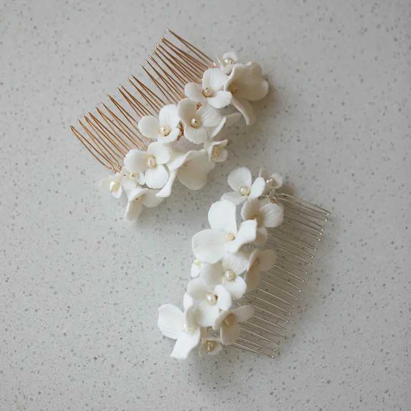 Handmade Ceramic Flower Bridal Hair Comb Gorgeous Pearl Wedding Hair Accessories Women HeadpiecesX240913
