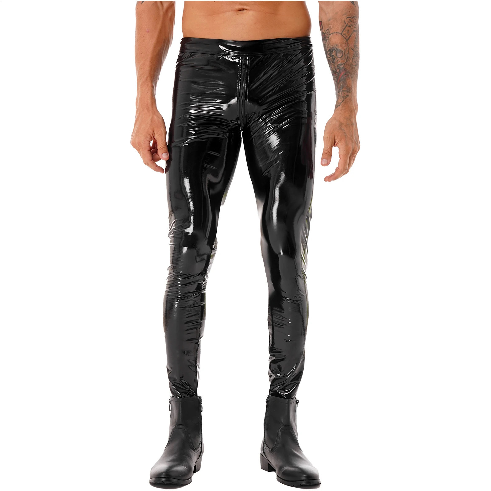 Mens Zipper Crotch Tight Pantyhose Club Clothing Patent Leather Motorcycle Tight Pantyhose 240913