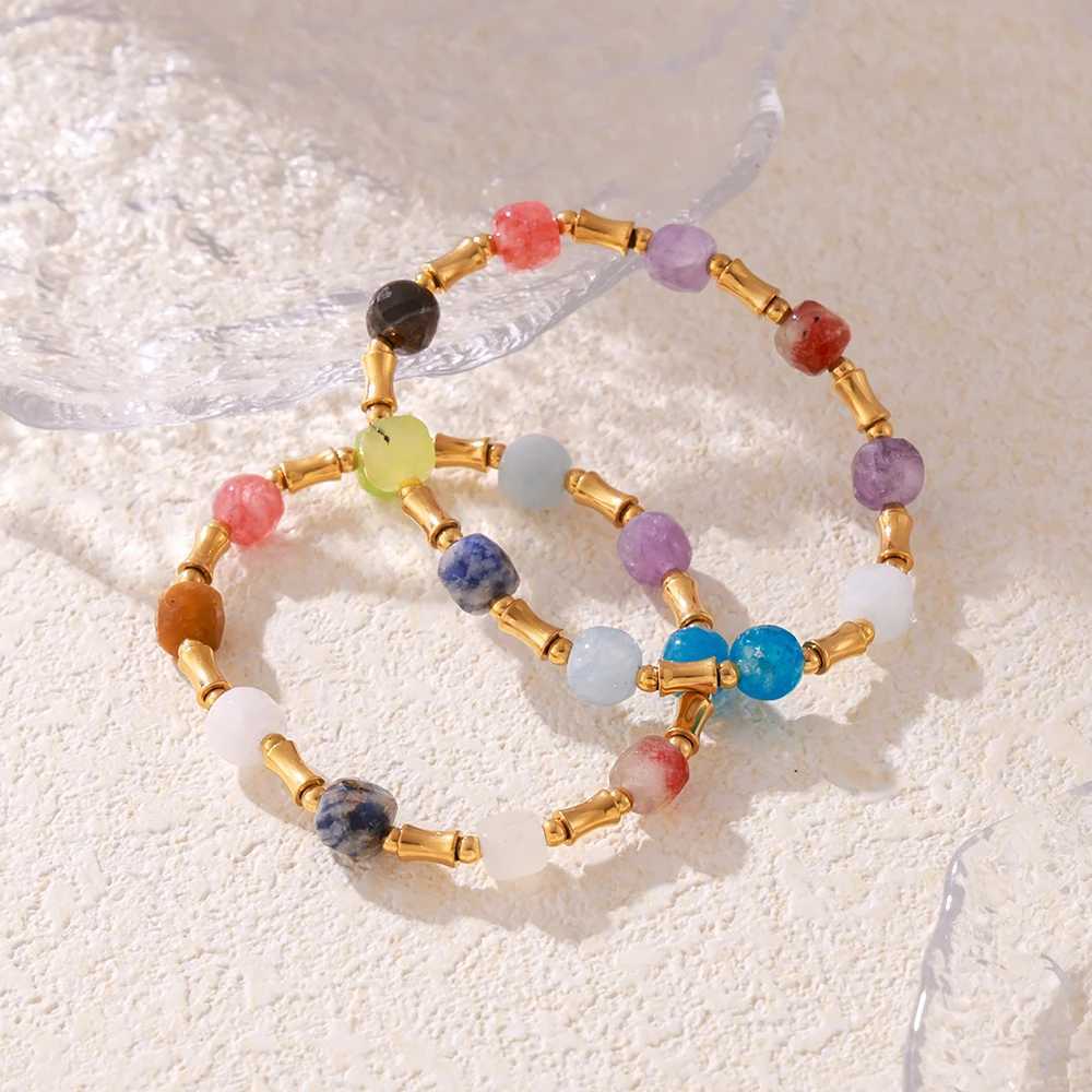 Bohemian Natural Stone Chain Bead Bracelet Womens Stainless Steel Bamboo Joint Womens Chain Bracelet Wedding Jewelry W240913