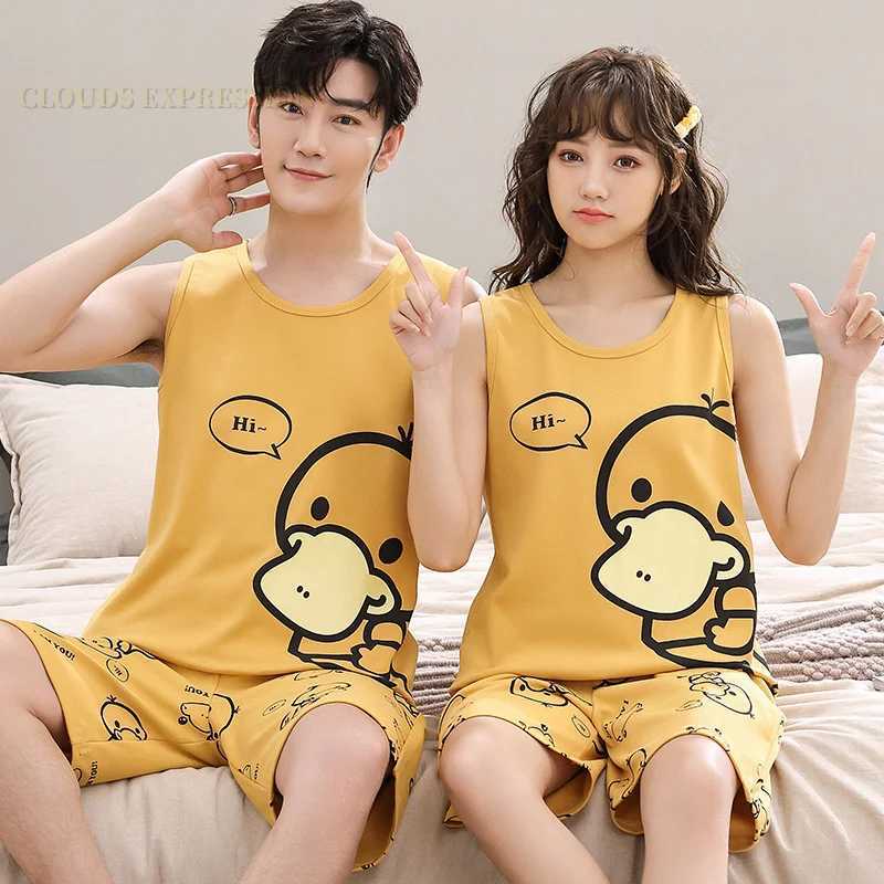 Summer Knitted Cotton Cartoon Duck Mens Pajama Sets Mens Sleep Lounge Sleeveless Shorts Pants Couple Pajamas Fashion Homewear Y240913