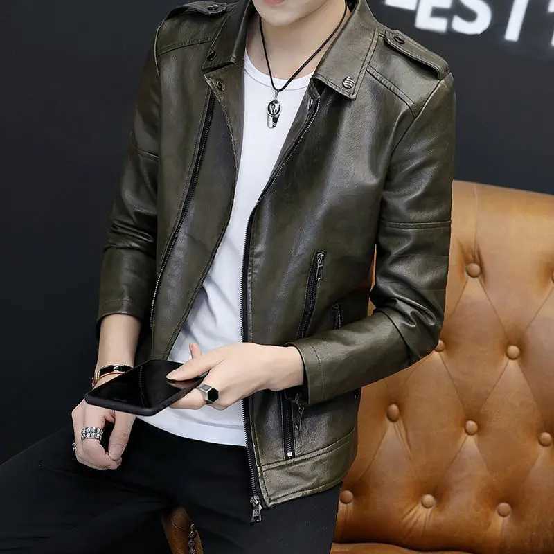 Bomber Leather Jacket Men Streetwear Lapel Motorcycle Jacket Zipper PU Leather Coat Vintage Black Pocket Jackets Men ClothingX240913