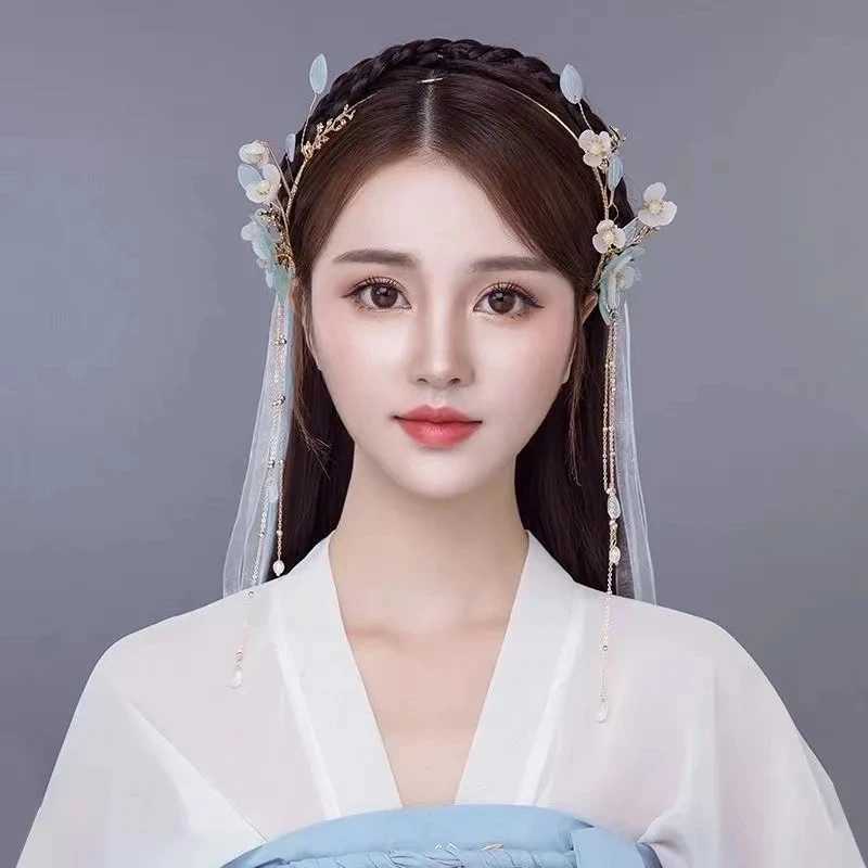 Blue Floral Hairband Chinese Wedding Hair Accessories Long Tassel With Ribbon Hair Hoop Fairy Hanfu Headbands Prom Hair JewelryX240913