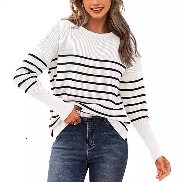 2024 Autumn/Winter New Knitwear Women's Casual Striped Round Neck Sweater