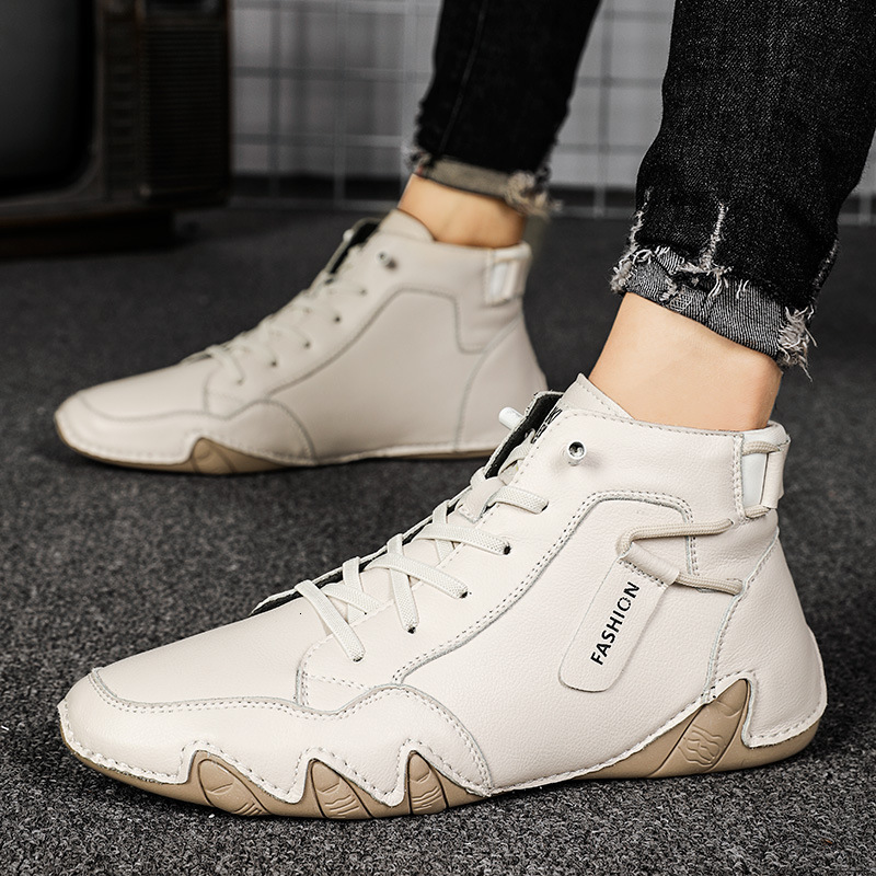 Winter plush casual leather boots, men's high top warm bean shoes, fashionable octopus sole sleeve cotton shoes