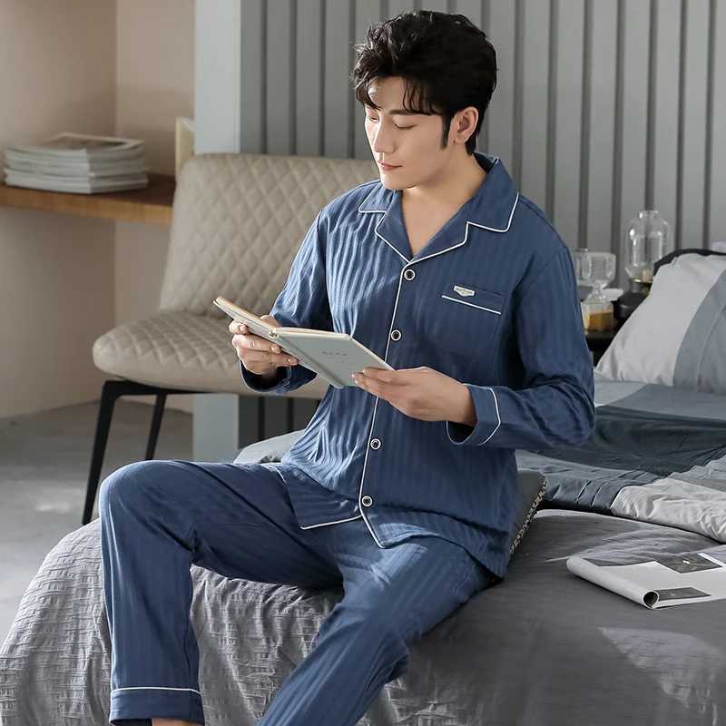 Blue Men Pajamas Set Long Sleeves Long Pants Autumn Winter Simple Sleepwear Casual Pijamas Male Pyjamas Soft Nighty Cozy Pjs Boy Y240913