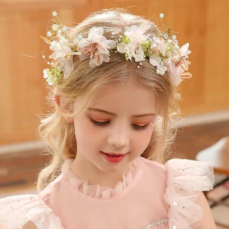 Summer Boho Children Girl Pearl Butterfly Headdress Flower Wreath Garland Head Hoop Headbands Hair Wedding Bride Jewelry GiftsX240913