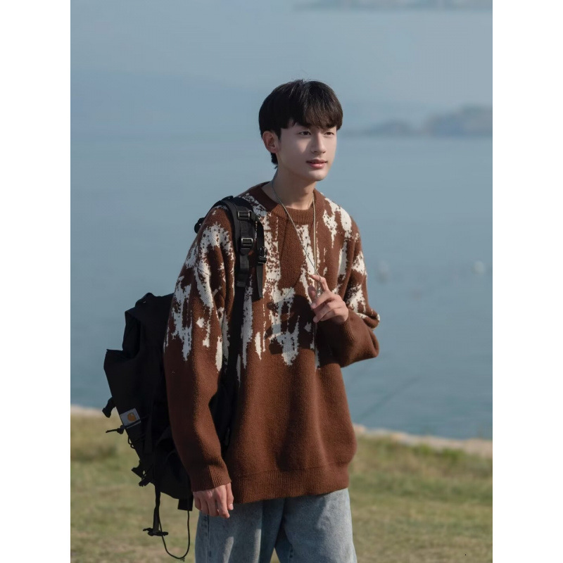 Men Sweaters Tie dye sweater for men American style loose knit sweater autumn and winter temperament new casual sweater high street Mens crew neck swe