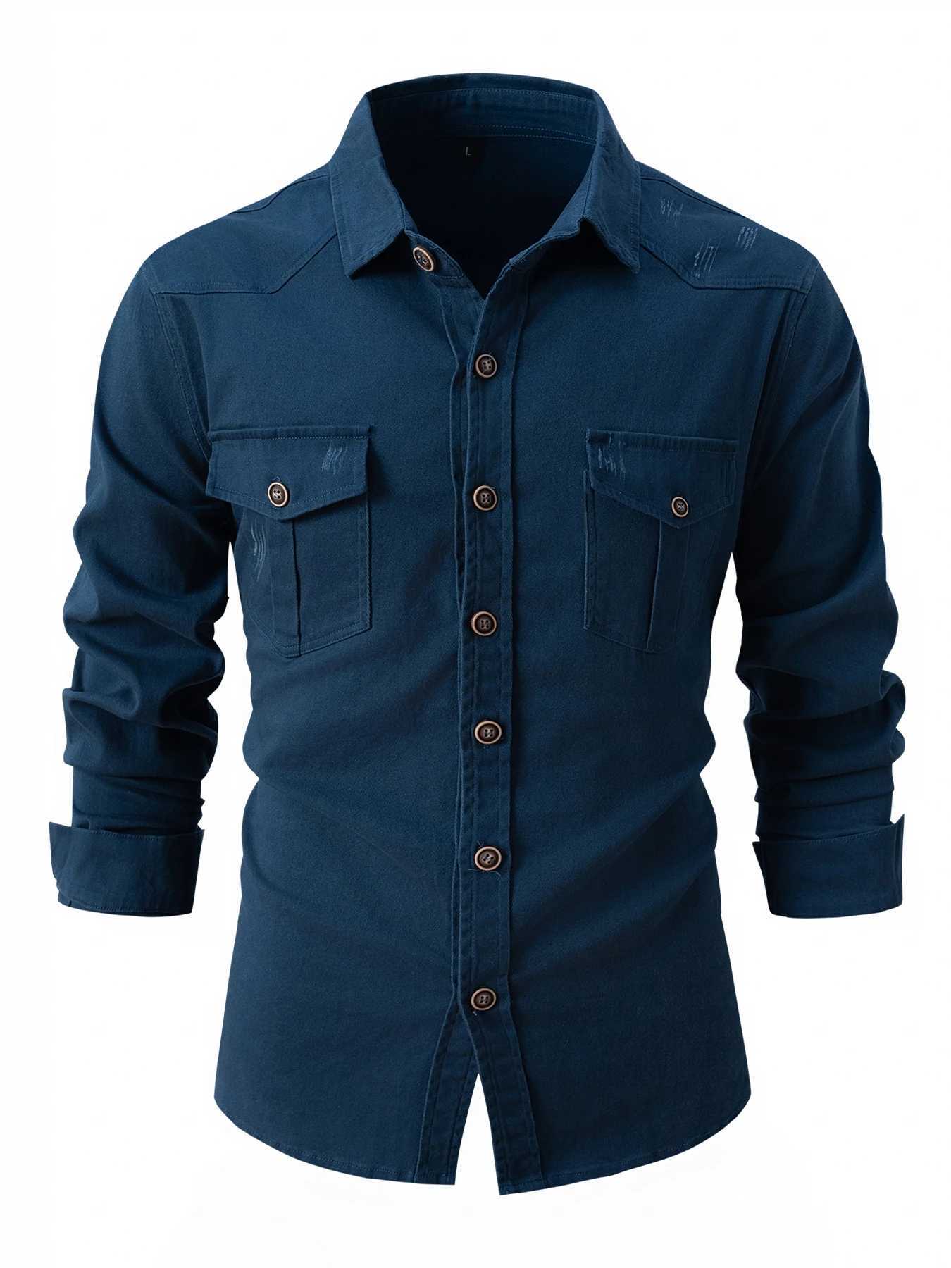 New autumn and winter mens shirt washed with elastic cotton casual and comfortable trend business collar long sleeved top W240913