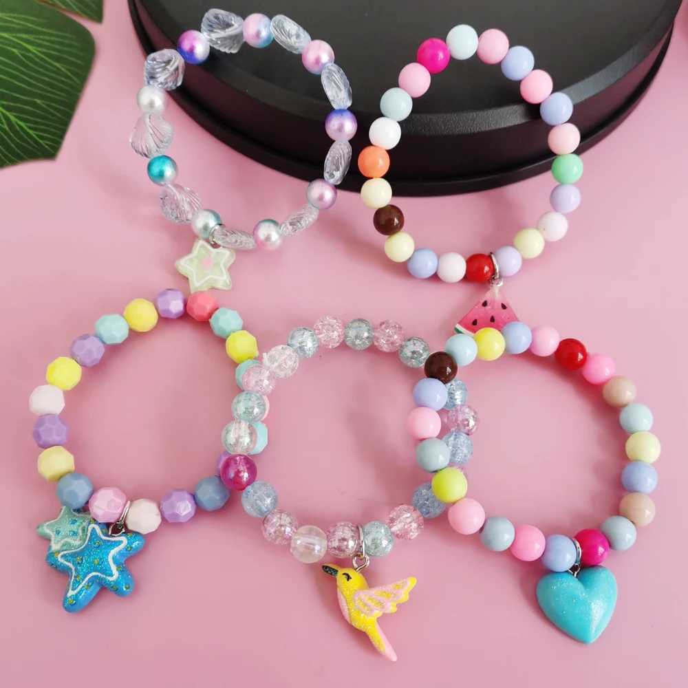 5 pieces/set of cute unicorn cartoon heart star bracelets for children and girls elastic candy bead bracelets cute jewelry W240913
