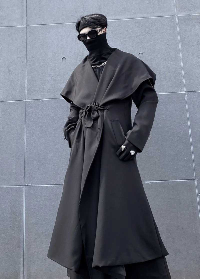 Mens Long Windbreaker Black Loose Large Windbreaker Coat Spring And Autumn New Mens Ins Personality Super Large Neckline Y240913