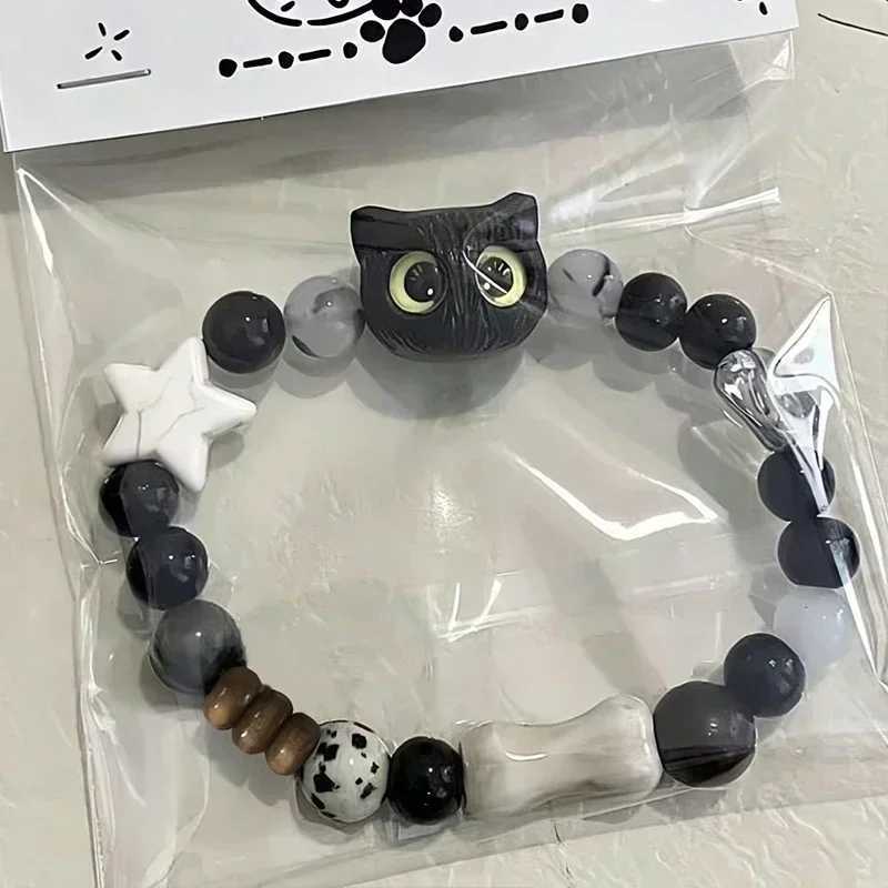 Cute natural stone black cat bracelet for mens fashion cartoon animal bead bracelet handmade fashion girl jewelry gift W240913