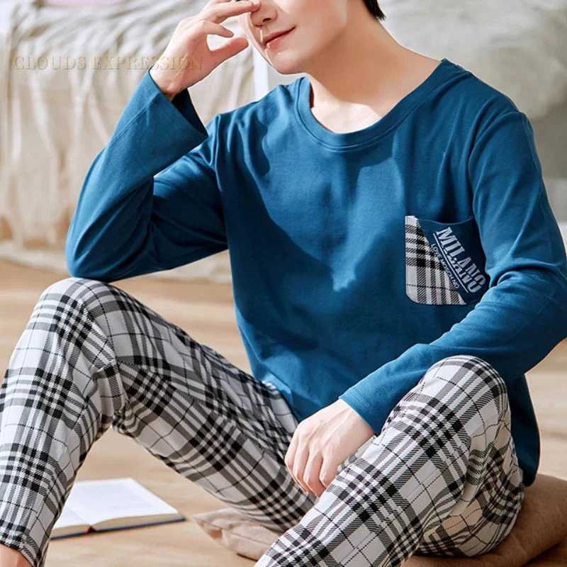 Spring 3XL Knitted Pjs Long Sleeved Mens Pajamas Sets Male Pajama Plaid Pajama For Masculine Sleepwear Suits Homewear Fashion Y240913