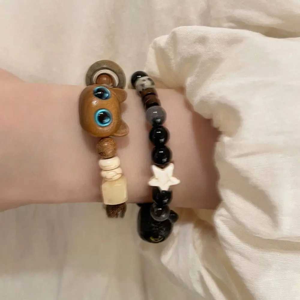 New Chinese Style Black Cat Bracelet Wooden Hand Rope Cartoon Bracelet Glass Jewelry Accessories Handmade Bead Bracelet for Girls W240913
