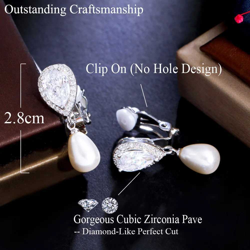 CWWZircons Elegant Design Shiny White Cubic Zircon Dangly Bridal Wedding Party Clip on Pearl Earrings No Piercing Hole CZ496X240913