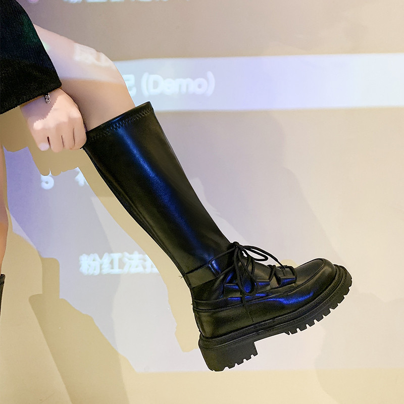 Lady Shoes Boots Round Toe Mid-Calf Rubber Mid Calutumn Stockings Low Lolita Summer Stretch Fabric Solid Slip-On Lace-Up PU f4fd