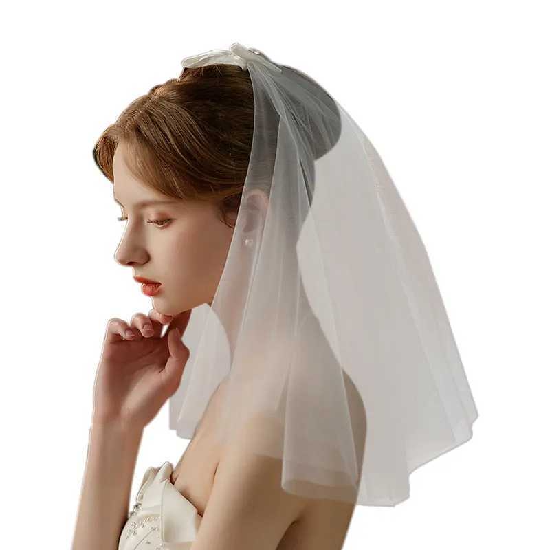 V740 Wedding Bridal Short Veil Two-Layer Tulle Satin Bow White Shoulder Handmade Brides to Be Women Headdress VeilX240913