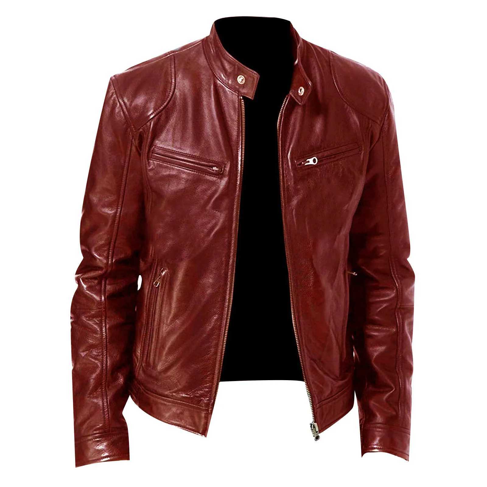 Men Leather Jacket Stand Collar Slim Pu Leather Jackets Spring Autumn Mens Motorcycle Causal Long-sleeved CoatX240913