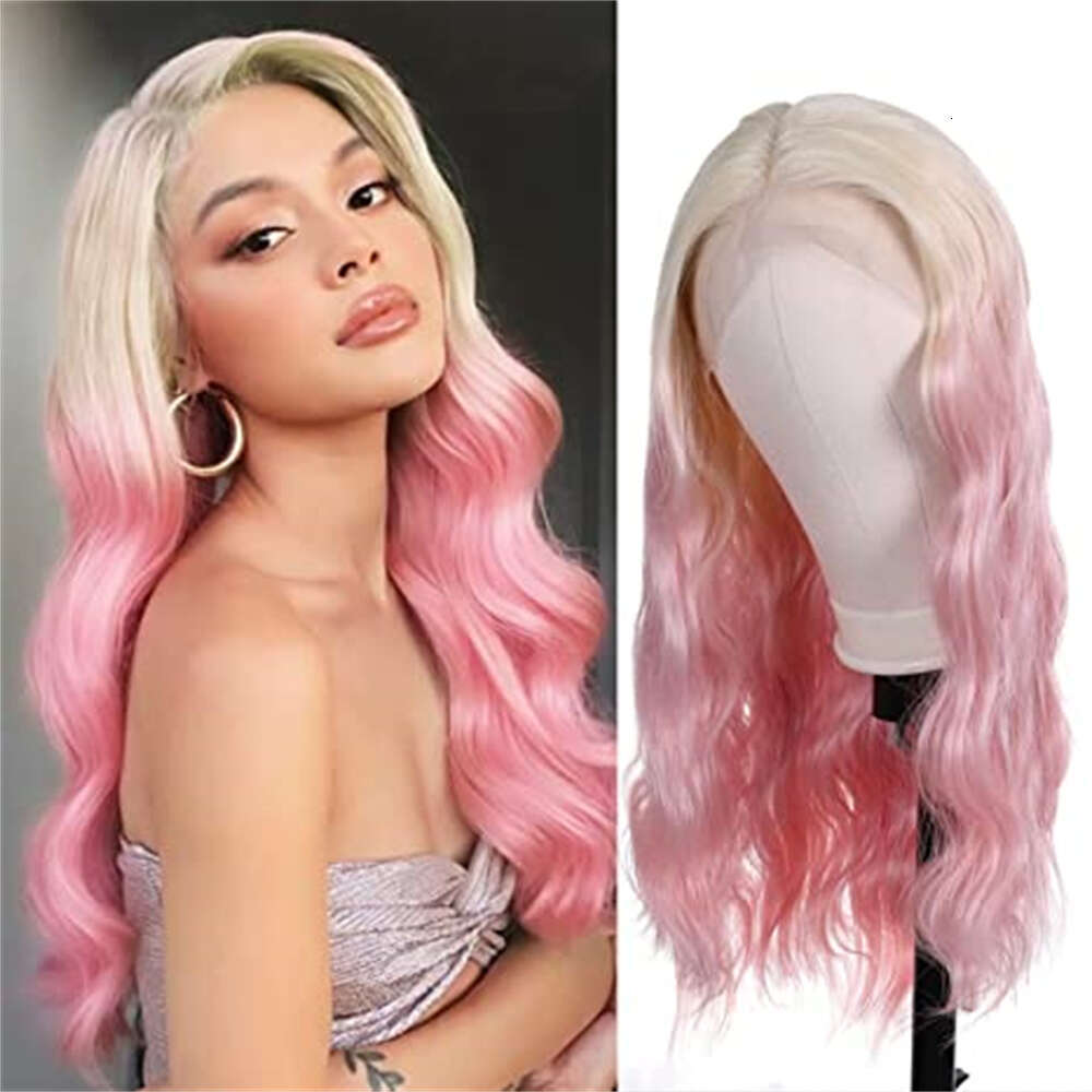 Synthetic Blonde To Lace Wig Long Body Wave Hair Gradient Pink Wigs For White Women Daily Party Cosplay