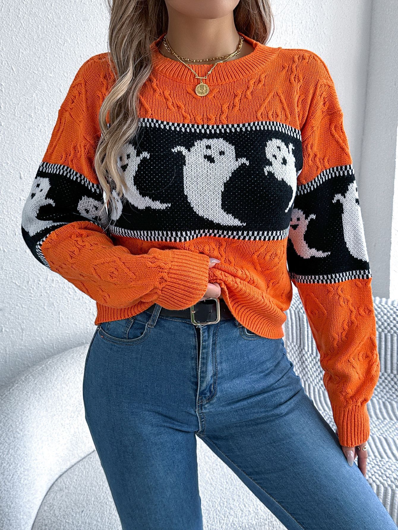 dongdumaoyi New autumn and winter women's Halloween themed ghost contrasting knitted sweater top with lazy style loose sweater for women F0913#58