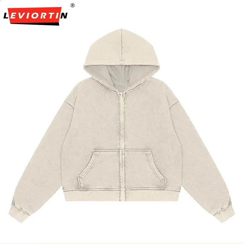 Retro mens heavy-duty 350gsm zipper hooded jacket streetwear unisex loose washable cotton hooded sweater jacket hip-hop jacket 240906