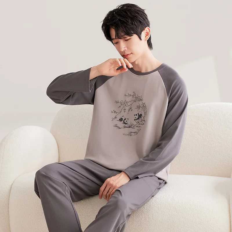 Brown Panda Men Pajamas Sets Cute Casual Long Sleeves Long Pants Autumn Winter Sleepwear Boys Pyjamas Cozy Pijamas Soft Male Pjs Y240913