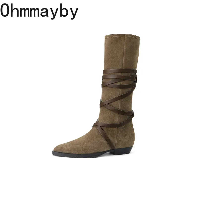 Autumn Spring Women Western Cowgirl Boots Fashion Cross Strap Pointed Toe Shoes Vintage Thick Heel Ladies Long Booties d773